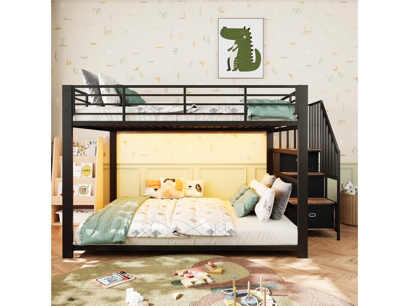 Lit superposé adulte 140x200 cm noir avec escalier, rangement, led et prises Fay Lum - Conforama B