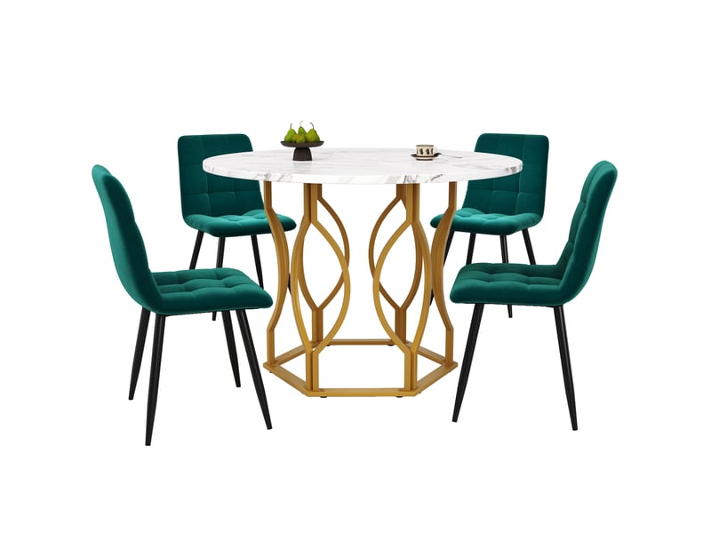  Ensemble repas 5 pièces avec table ronde diamètre 100 cm, plateau blanc effet marbre et 4 chaises en velours vert foncé  - Conforama R