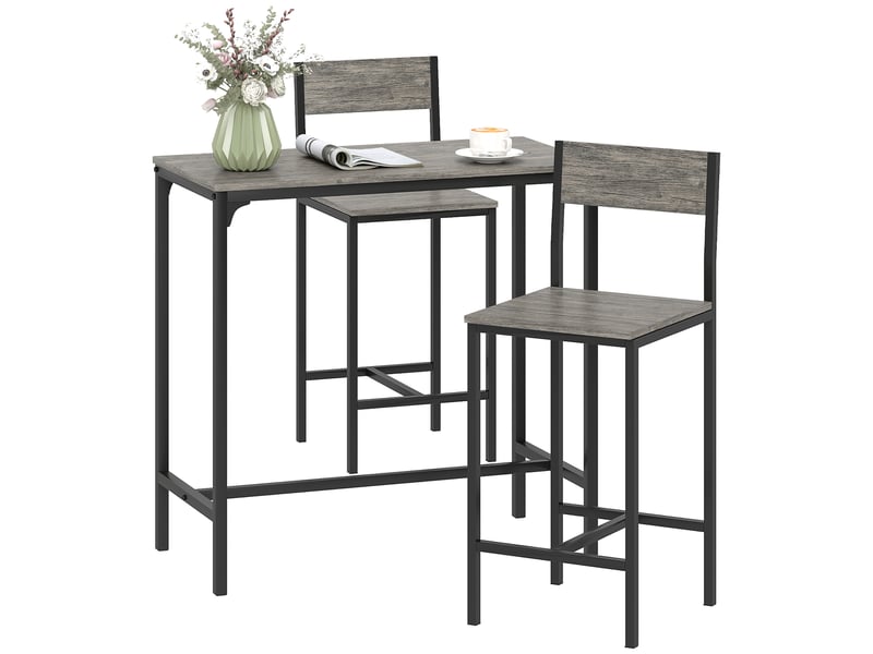  Ensemble table de bar avec tabourets, table à manger debout avec 2 chaises de bar, repose-pieds et dossiers, gris  - Conforama A