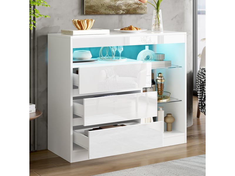  Buffet 90x35x80 cm - éclairage led - usb et usb-c - grand rangement - 3 tiroirs - verre - design moderne - vaisselier - meuble de rangement - blanc CozyNest - Conforama C