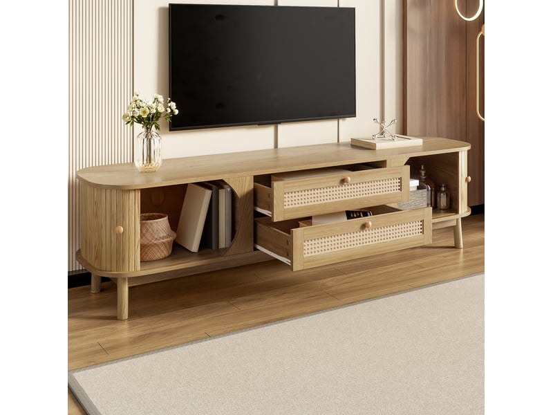  Meuble tv bas 170 x 46 x 39,5 cm portes et tiroirs rotin tressé lamelles bois structure mdf finition bois naturel  - Conforama R
