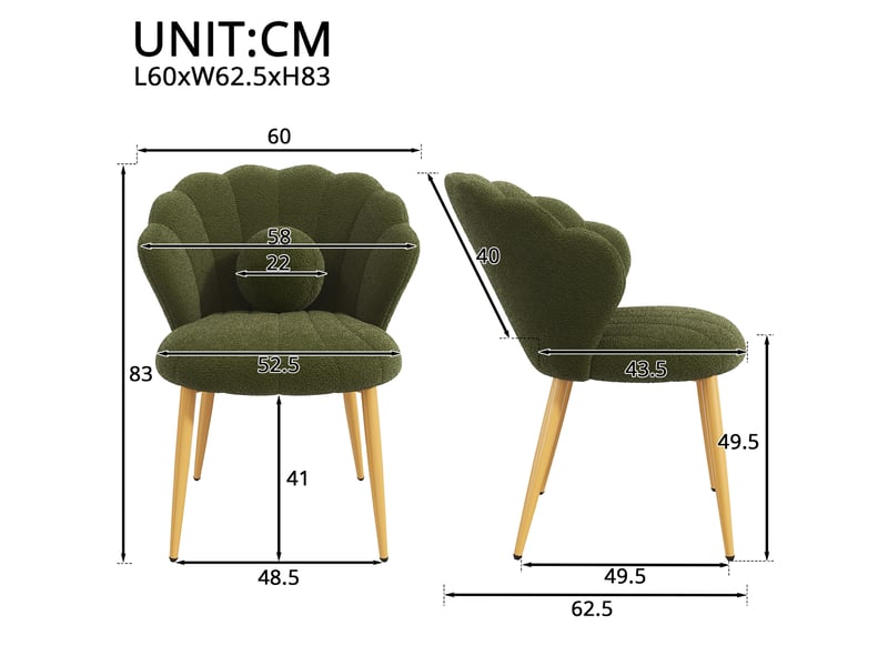  Lot de 6 chaises de salle à manger dossier coquillage en tissu teddy vert, pieds dorés  - Conforama E