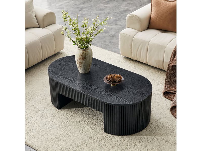  Table basse ovale avec 1 tiroir et espace ouvert, finition effet bois noir nervuré, en mdf, 118 × 65 × 17 cm  - Conforama C