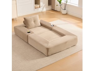 Canapé droit convertible 1 place en velours côtelé beige, avec poche latérale, porte-gobelet et accoudoirs zippés