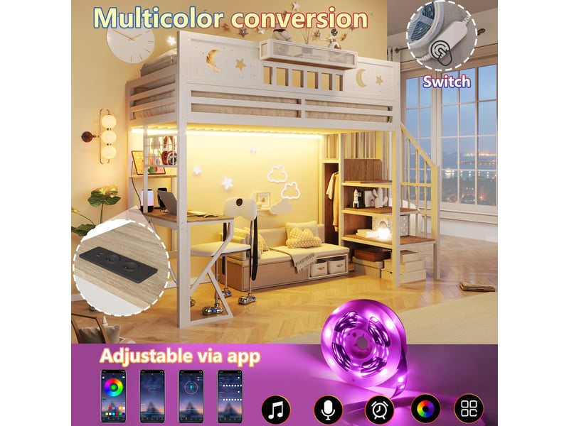  Lit mezzanine 90 x 200 cm, blanc, sans matelas, structure métal, bureau, étagères et led, sécurité renforcée  - Conforama E