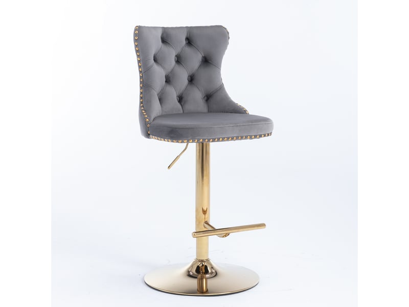  Tabouret de bar pivotant en velours gris, hauteur réglable, dossier capitonné, base dorée  - Conforama D