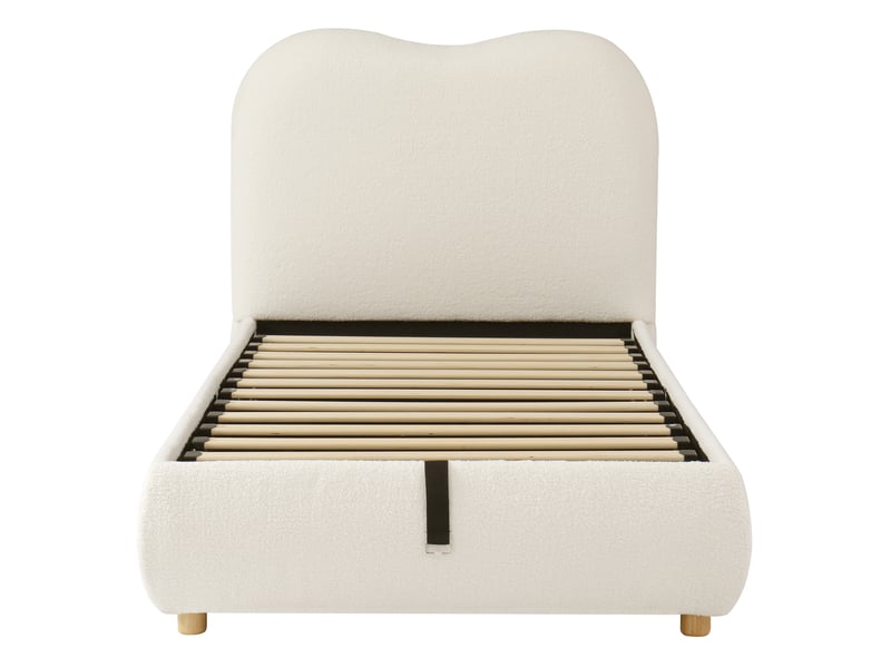 Lit enfant coffre 90x200cm avec relevage moderne, sommier à lattes, tête rembourrée, tissu bouclé beige sans matelas - Conforama E