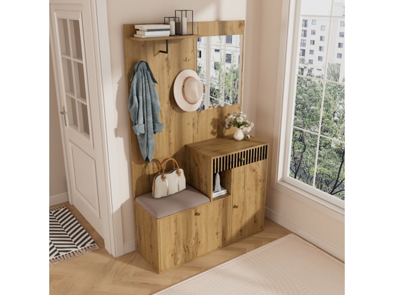  Ensemble dressing compact pour couloir – miroir, armoire, étagère, panneaux d'entrée, meuble à chaussures 110×185,5×37  - Conforama E