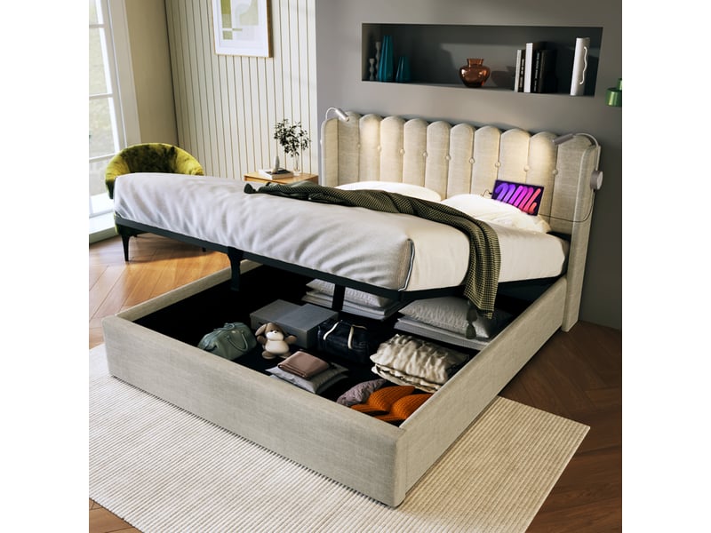  Lit coffre tcqpz 160 x 200 cm avec liseuse, 2 usb, tête de lit et rangement, lin beige naturel  - Conforama D