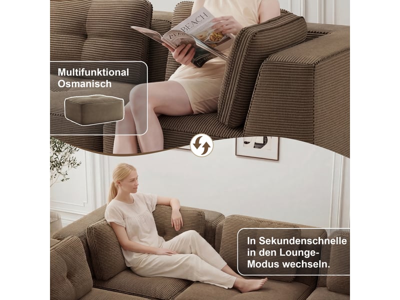 Canapé d'angle modulable 2 places en velours côtelé marron, sans montage, assise profonde, design sans cadre - Conforama R