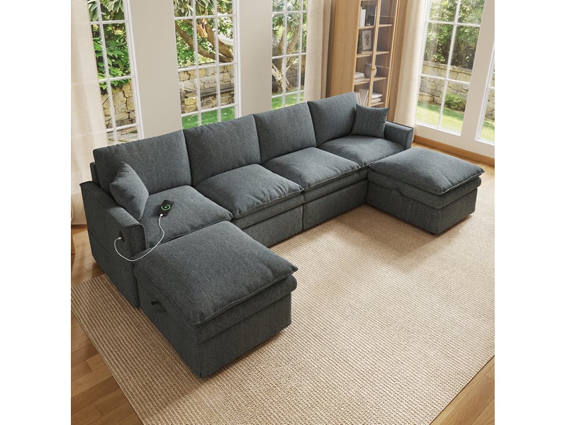  Canapé panoramique modulable 6 places avec 2 poufs de rangement et ports usb, en tissu coton-lin gris  - Conforama E