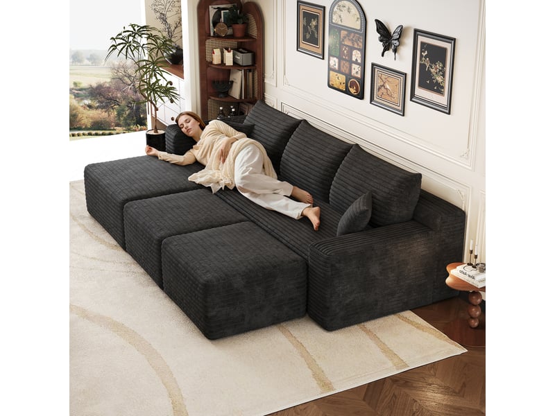  Canapé d'angle modulaire 3 places avec 2 poufs 241 x 151 x 58 cm, assise profonde, design nuage, livré monté, velours côtelé, noir Bliss Lite - Conforama B