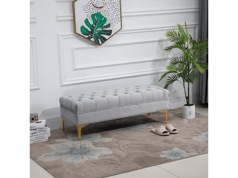  Banc capitonné avec assise en velours et piètement en métal doré, 118 x 45 x 42 cm, gris  - Conforama D