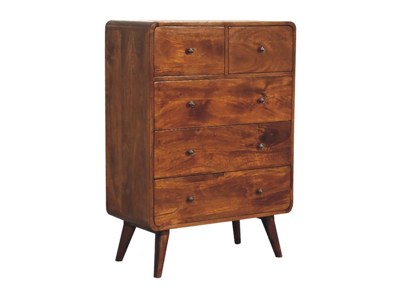  Artisan furniture commode incurvée en bois massif, finition châtaignier, 2 petits et 3 grands tiroirs  - Conforama C