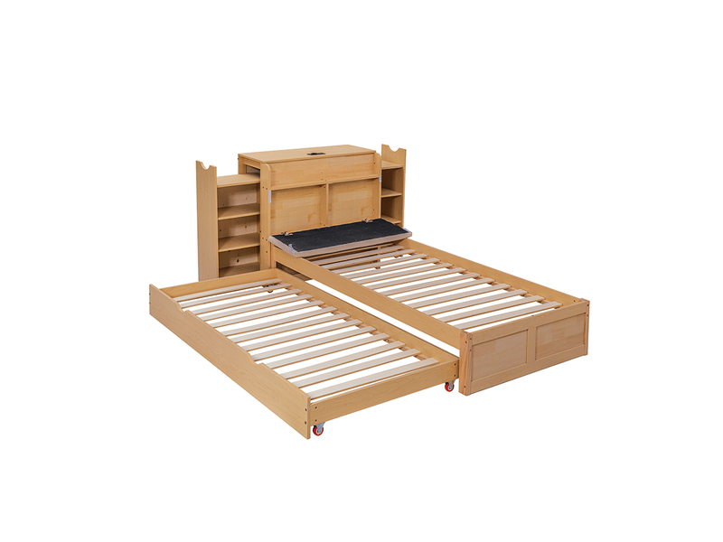  Lit extensible 90 à 180x200 cm en bois massif et mdf, tête de lit bibliothèque  - Conforama A