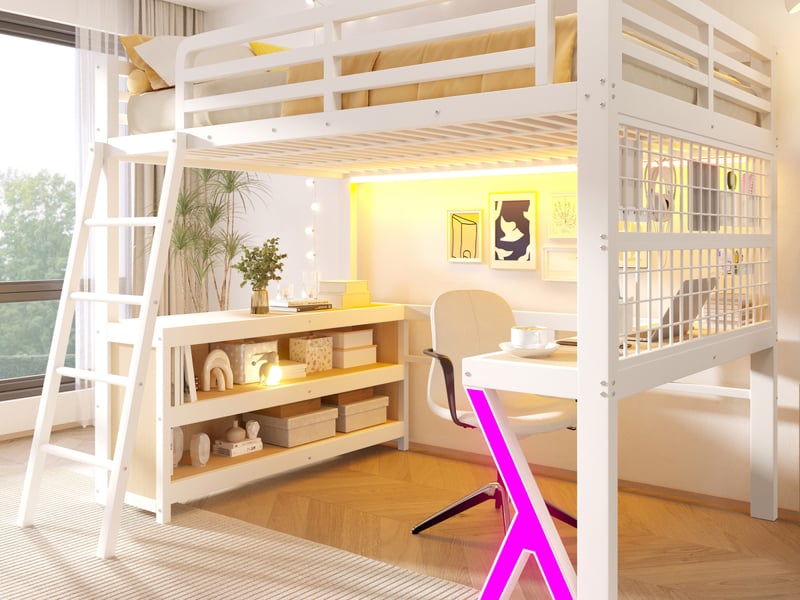  Lit superposé 140 x 200 cm, avec bureau, bande lumineuse led, armoire de rangement, sans matelas, blanc  - Conforama B