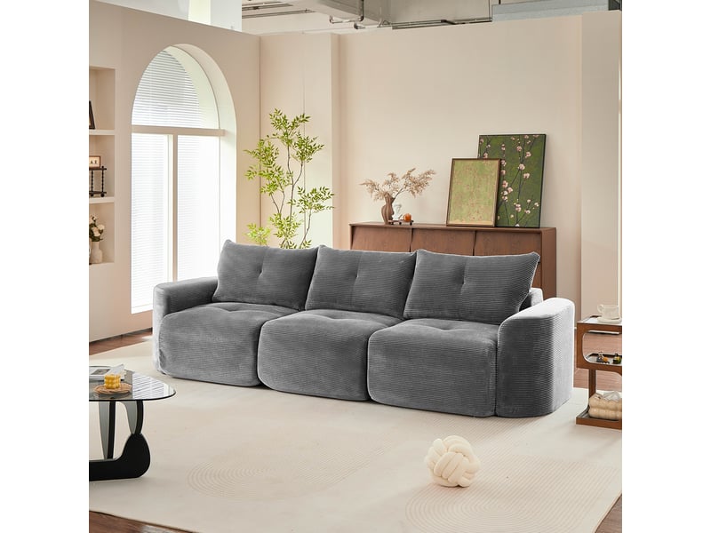  Canapé modulable 3 places 279x100x84 cm en configuration 2+1, siège amovible, formes arrondies, 3 coussins dossier, velours côtelé gris anthracite  - Conforama B