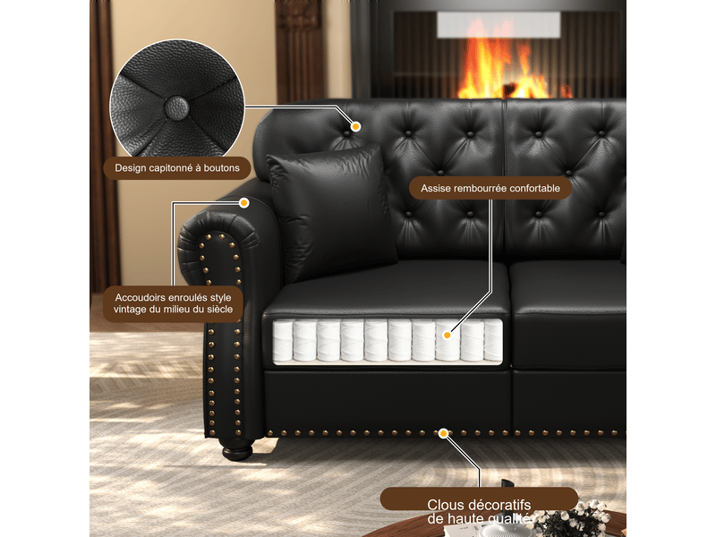 Ensemble canapés chesterfield 3 + 1 places avec pouf en simili noir, capitonné, accoudoirs roulés, ressorts ensachés 210X76X86cm - Conforama D