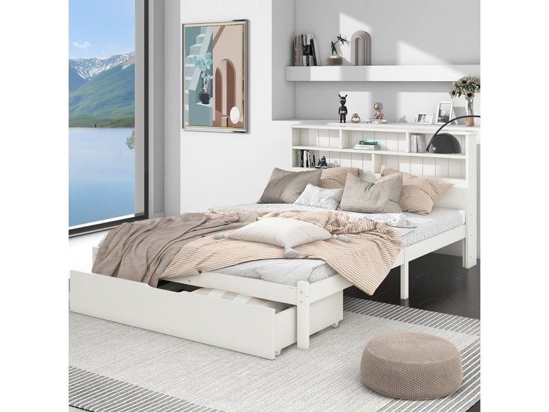  Lit double 140x200 cm en bois massif avec tiroirs de rangement, tête de lit bibliothèque avec étagères, sommier à lattes, lit adulte et enfant - blanc  - Conforama E