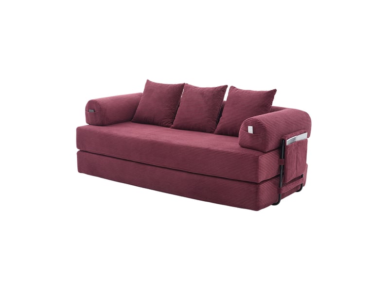 Canapé 3 places modulable en velours côtelé rouge bordeaux avec 3 coussins et poche latérale pour le salon - Conforama A