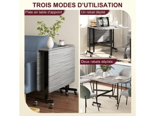 Table à manger pliante sur roulettes pour 4-6 personnes 120 cm, roues avec freins, style industriel, 2 abattants, gris