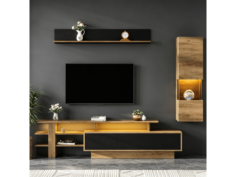 Meuble tv avec 3 tiroirs, vitrine à 3 portes et étagère murale led, pour salon, en mdf, naturel et noir  - Conforama C