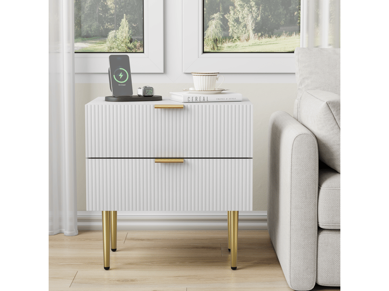  Table de chevet moderne, blanc, motif ondulé, 2 tiroirs, pieds en métal, rangement, 1 pièce  - Conforama B