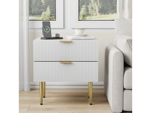 Table de chevet moderne, blanc, motif ondulé, 2 tiroirs, pieds en métal, rangement, 1 pièce