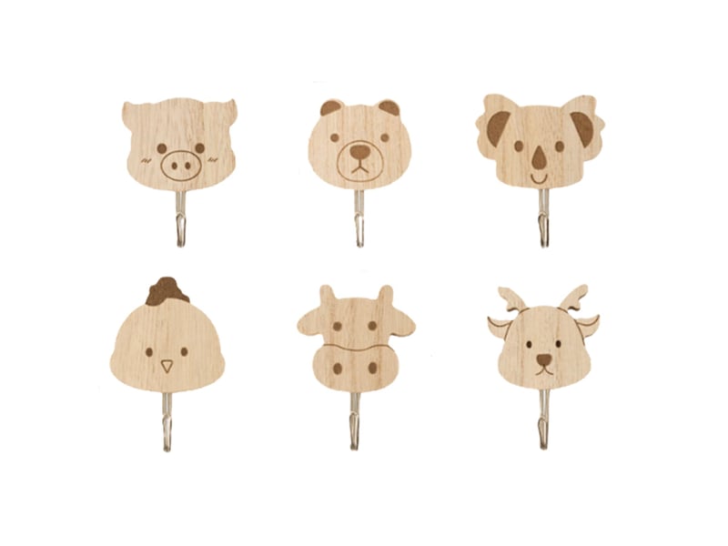 6 crochets animaux en bois, crochet adhésif sans percage, décoration enfant, chambre salle de bain cuisine, idéal pour sacs à dos, robe, marron - Conforama A