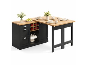 Îlot de cuisine extensible 120x40x74 cm noir, mdf, pivotant à 360°, avec rangement, casier à vin, tiroir et poignées métalliques
