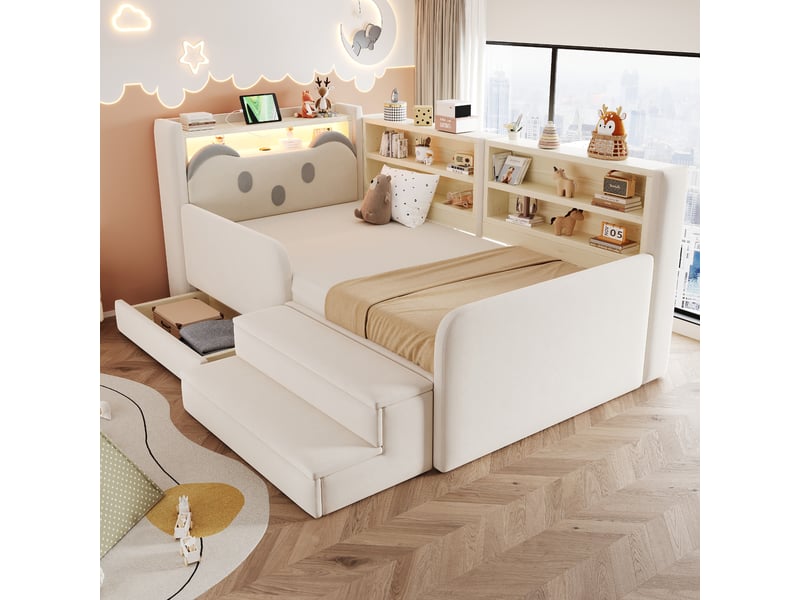 Lit enfant rembourré 90x200 cm, lit avec rangement, led et usb, tête de lit ours avec étagères, tiroir et repose-pieds amovible, velours beige - Conforama B