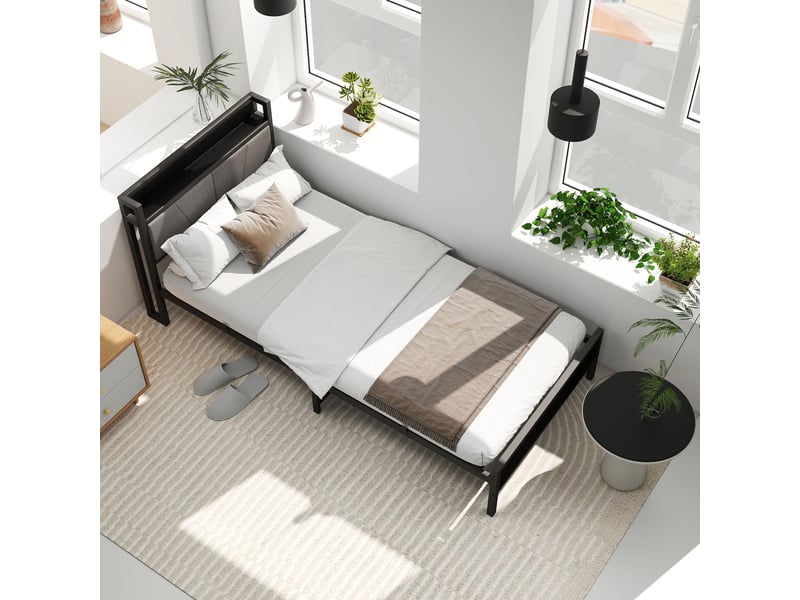 Lit simple 90x200 cm - tête de lit rembourrée avec 2 ports usb - structure métal robuste - hauteur sous sommier 27 cm - noir  - Conforama C