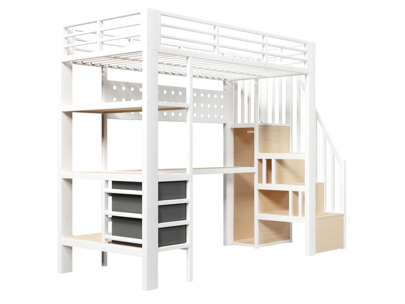  Lit mezzanine métal blanc 90x200 cm avec bureau led tiroir panneau perforé prise  - Conforama E