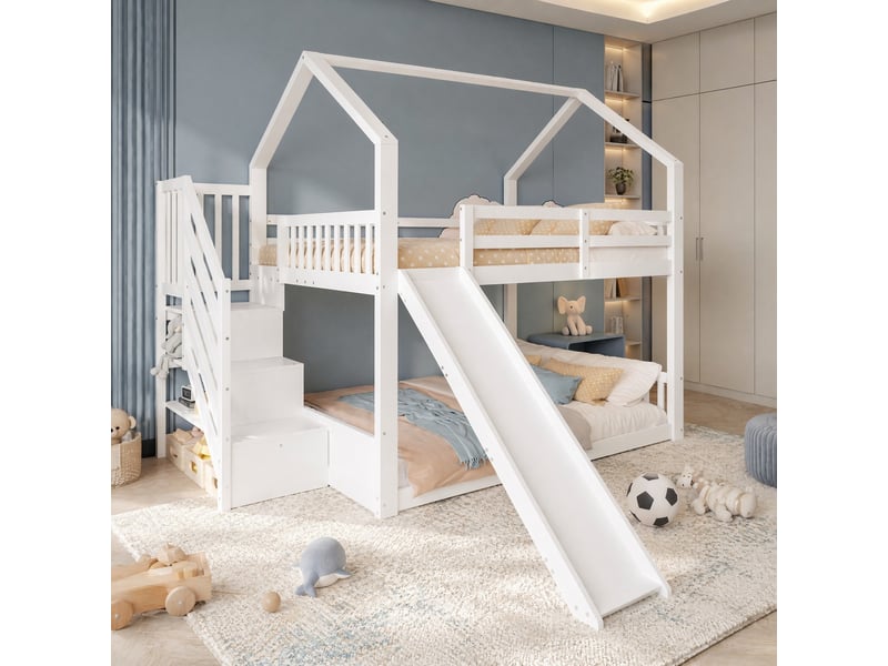  Lit enfant surélevé blanc 140 x 200 cm avec escalier de rangement et toboggan  - Conforama D