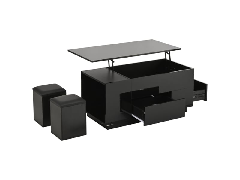  Table basse noire, table basse réglable en hauteur avec éclairage led, 2 tiroirs et 2 tabourets  - Conforama E