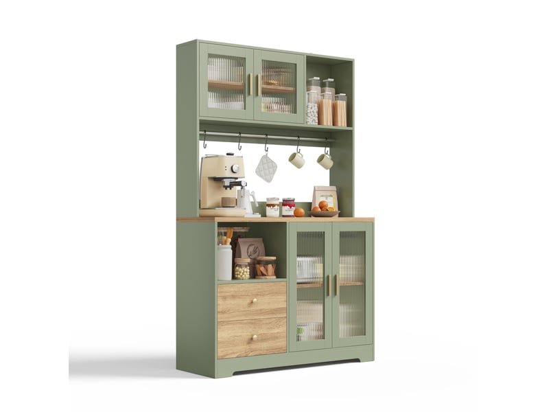  Buffet de cuisine haut avec 4 portes vitrées, 2 tiroirs, led rgb et prises intégrées, vert antique 110 × 40 × 178 cm  - Conforama A