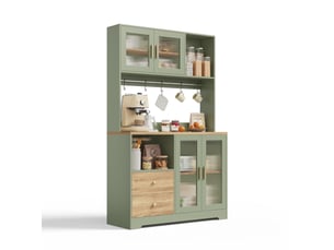 Buffet de cuisine haut avec 4 portes vitrées, 2 tiroirs, led rgb et prises intégrées, vert antique 110 × 40 × 178 cm