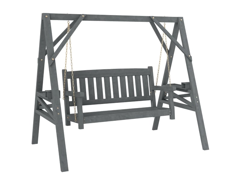  Balançoire de jardin 2 places, banc-balançoire en bois avec étagères, porte-gobelets et chaînes métalliques, grise  - Conforama A