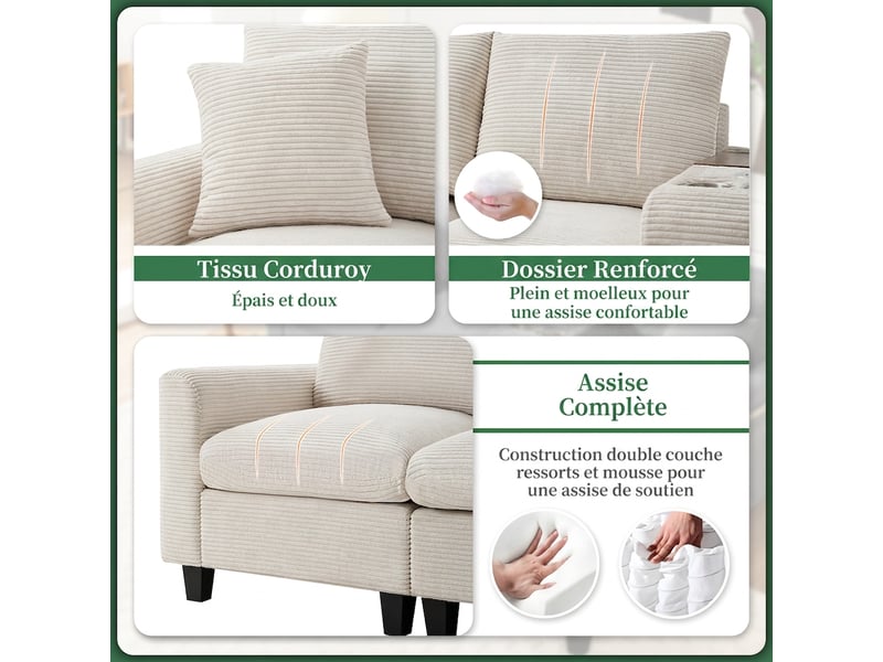  Canapé d'angle en velours côtelé beige 4 places - modulable avec port usb et pouf de rangement  - Conforama W
