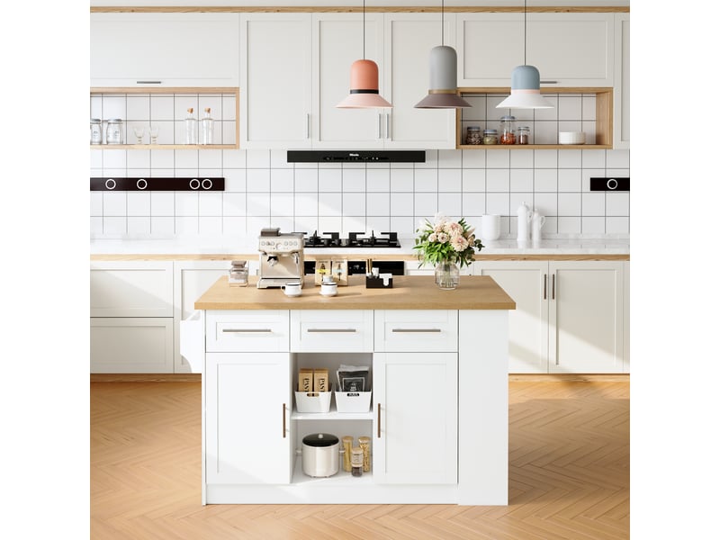  Îlot de cuisine avec 3 tiroirs muvano, table extensible, blanc et aspect bois, 120 × 60 × 90 cm  - Conforama E