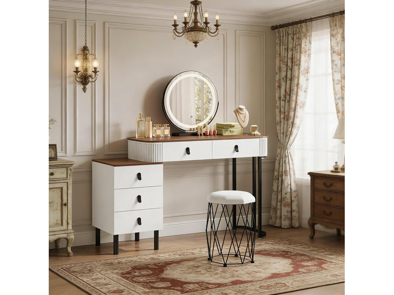  Coiffeuse avec miroir led 3 niveaux, 5 tiroirs et tabouret, pour chambre, 125 × 40 × 100 cm, blanc et marron  - Conforama B