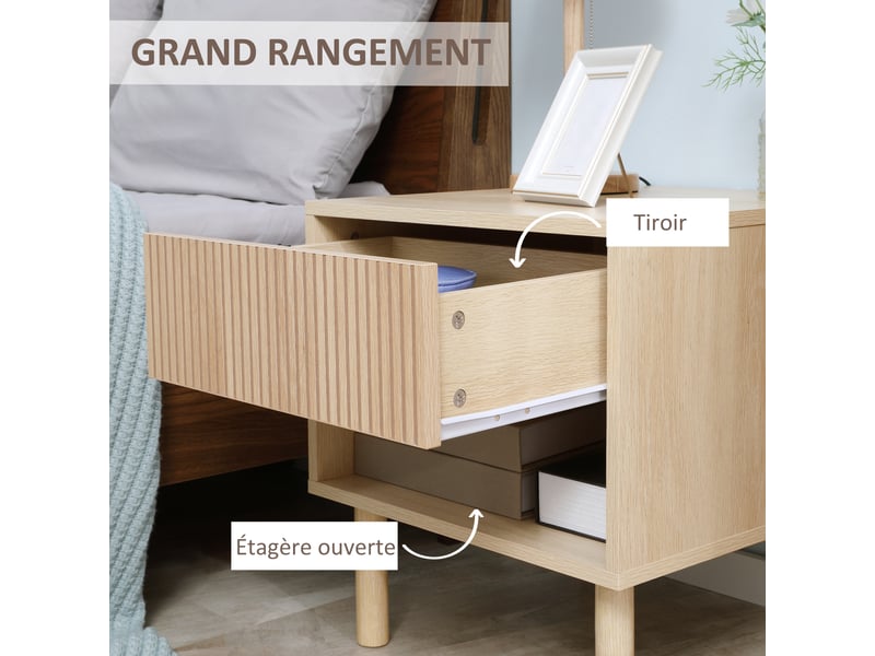  Table de chevet table de nuit avec tiroirs et niches, table d'appoint style moderne pour chambre à coucher, salon, finition bois naturel, dim. 47 x 47 x 50 cm  - Conforama E