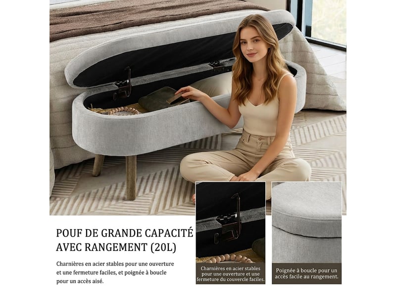  Banc de rangement gris 110 cm en tissu chenille, banc à chaussures pour entrée et salon  - Conforama E