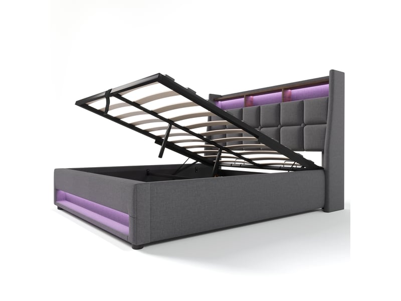  Lit 2 places 160x200 cm – gris – coffre relevable, led, usb et matelas à ressorts 7 zones h3 inclus  - Conforama A