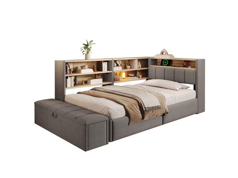  Lit banquette 90 x 200 cm, coffre hydraulique, prise électrique, rangement latéral réversible, port usb, bande led, velours, gris Seren Glow - Conforama A
