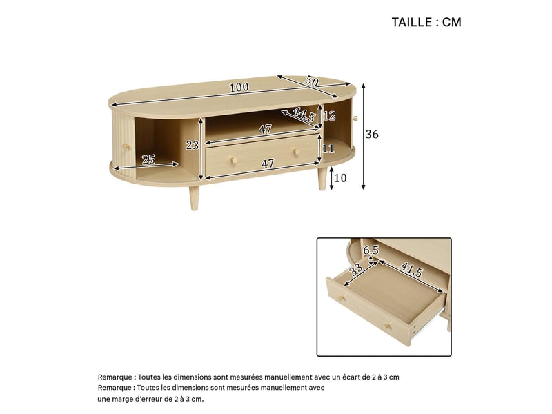  Table basse ovale en mdf couleur bois avec tiroir et rangement 100x50x36 cm - pangivo  - Conforama C