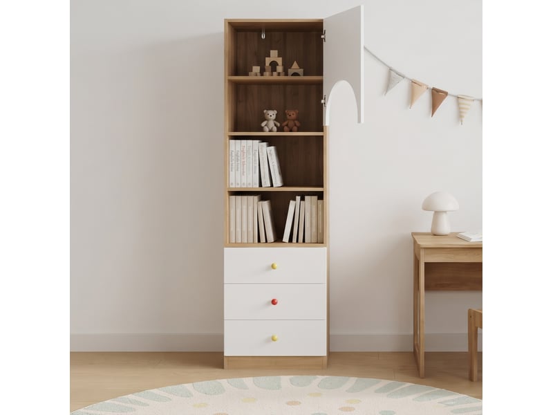  Bibliothèque haute 50x50x200 cm 3 tiroirs 3 niches porte cintrée, poignées en céramique, mdf blanc et aspect bois  - Conforama E