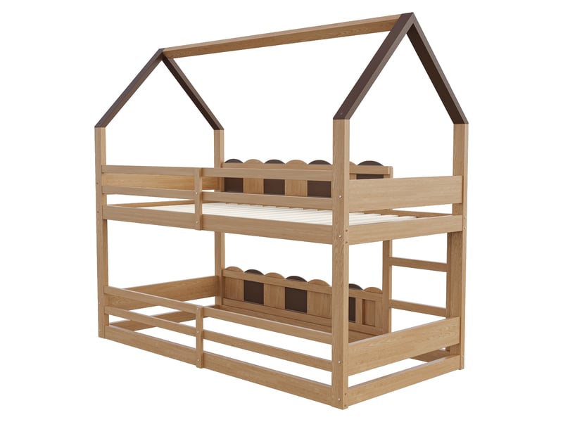  Lit superposé enfant 200×90 cm en forme de maison, avec échelle et barrières, finition bois naturel  - Conforama E