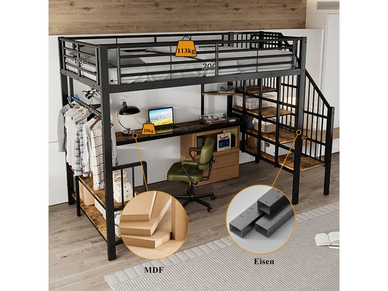  Lit mezzanine 120x200 cm avec échelle, cadre de lit en métal avec porte-manteau, noir + bois foncé, lit 1 personne  - Conforama W