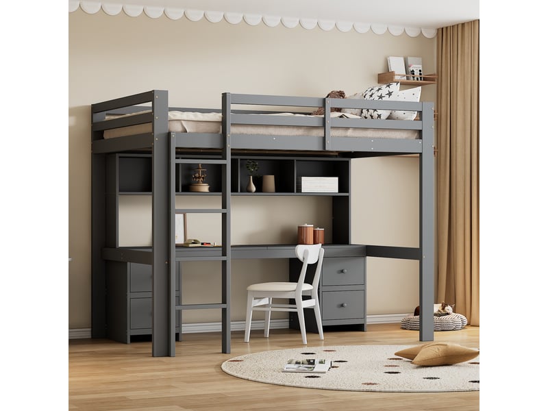  Lit mezzanine enfant 90 x 200 cm avec bureau intégré, 4 tiroirs et 4 niches, en pin massif et mdf, gris  - Conforama R